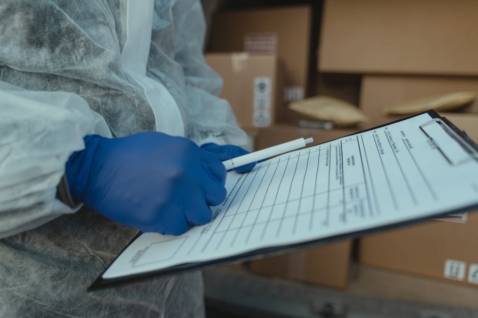 A person's hand wearing a blue disposable glove is holding a white pen and writing on a clipboard with a form. The individual is dressed in protective clothing, including a grey garment and a transparent plastic or fabric covering, suggesting a setting related to packing or moving logistics. In the background, there are cardboard boxes stacked on top of each other inside a room, which are typical for house removals. Some boxes are sealed, and a few are open, revealing packing materials such as bubble wrap and paper. The scene also shows a glimpse of a van or loading area outside or near the entrance, where furniture or other larger items may be prepared for transport. This image from Man and Van Barking relates to the process of inventory documentation or moving planning as part of a home relocation, highlighting the careful procedures involved in packing, labeling, and loading furniture and boxes during the removals service.