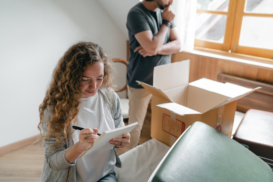 A woman with curly brown hair, wearing a grey cardigan and white top, is seated indoors taking notes on a notepad with a black pen, amidst packing materials such as an open cardboard box and a green-t